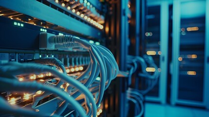 Naklejka premium Information Technology Computer Network, Telecommunication Ethernet Cables Connected to Internet Switch In Data Center