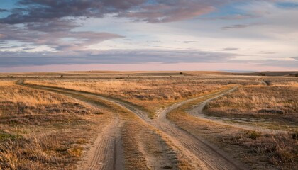 scene with fork roads in steppe on sunset sky background