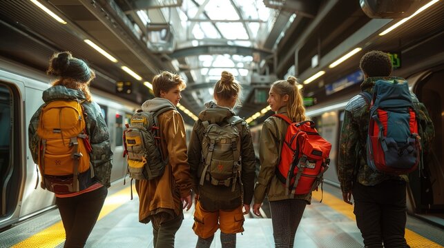 A group of people with backpacks are walking through a train station