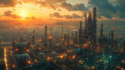 Cityscape industrial complex at sunset - generative ai