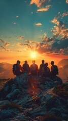 Fototapeta premium Sunset Summit: A Group of Hikers at the Mountaintop Embracing the Warmth of the Dusk Sky on a Bright Day