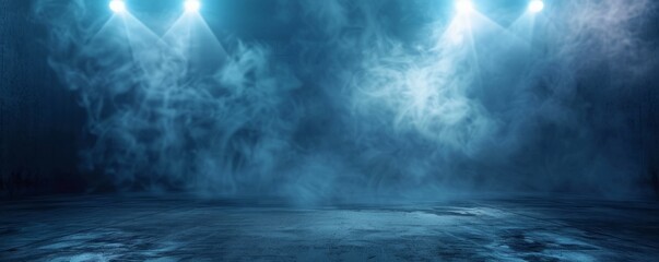 Dark Blue Concrete Stage with Fog and Spotlights, Background, Stage, Dark, Blue, Concrete, Smoke