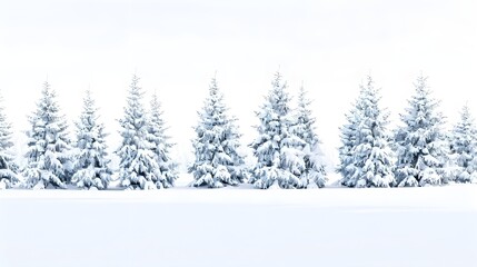 Fototapeta premium Snow-covered trees stand against a pristine white backdrop, capturing the serene beauty of winter. The scene exudes tranquility and seasonal charm, perfect for seasonal themes or nature concepts 