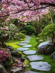 Obraz premium Vibrant Japanese garden filled with blossoming cherry blossoms, meticulously manicured bonsai trees, serene koi ponds, and meandering stone pathways evoking tranquility and harmony
