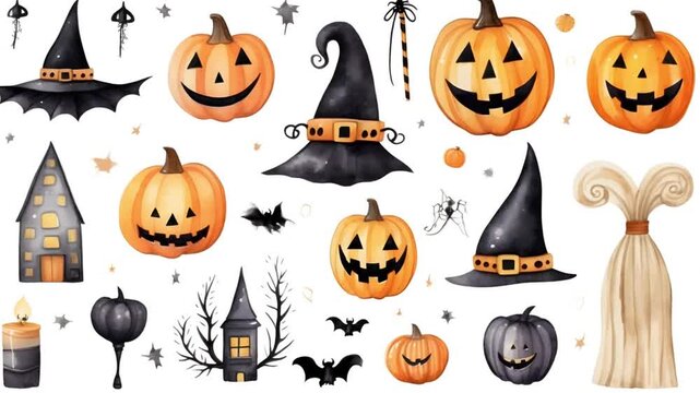 Halloween pumpkins isolated icons, animated stickers illustrations set