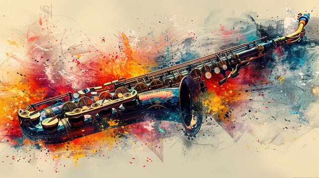 A high-resolution poster featuring a jazz music theme with an abstract background. The design includes instruments like the saxophone, piano, and guitar, along with a concert or festival scene, ideal