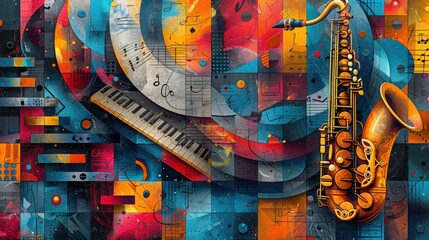 Fototapeta premium A jazz festival poster with an artistic abstract background showcasing various instruments. The design includes illustrations of a saxophone, piano, and guitar, along with elements of a music party