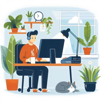 businessman working on computer, illustration 