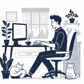 Person working on computer. IT specialist is working, illustration 