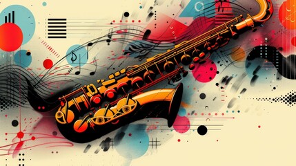 A stylish jazz concert poster with an abstract background. The design includes illustrations of musical instruments like the saxophone, piano, and guitar, and features a vibrant festival or party