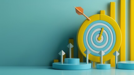 3D Render of Target Bullseye and Upward Arrows, Yellow and Blue , Product Display , Minimalist , Target Marketing , 3D Design, Marketing