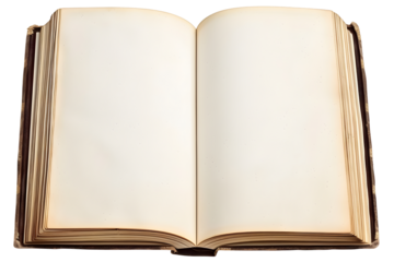 Open old blank book mockup with used paper pages isolated on transparent background. Flat lay png, cutout.