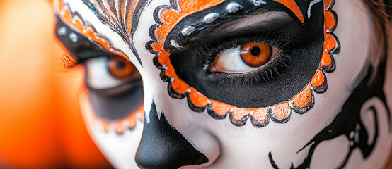 Close-up of a woman with vibrant sugar skull makeup, celebrating dia de los muertos with spooky yet creative body art perfect for halloween