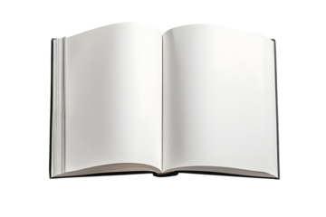Open blank book mockup with white paper pages isolated on transparent background. Flat lay png, cutout.
