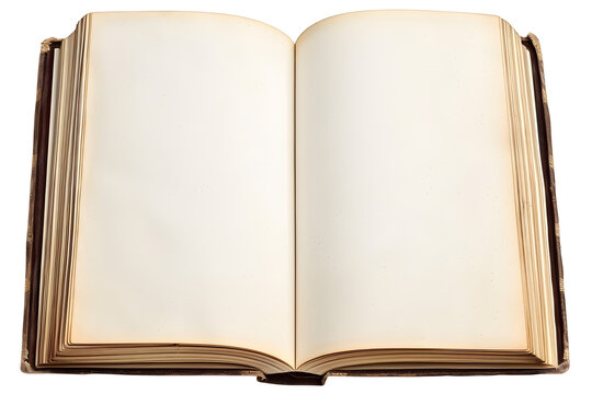 Open old blank book mockup with used paper pages isolated on transparent background. Flat lay png, cutout.