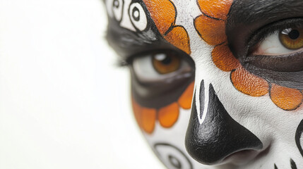 Close-up portrait of a woman with vibrant sugar skull makeup for day of the dead celebration, highlighting brown eyes, nose, and lips