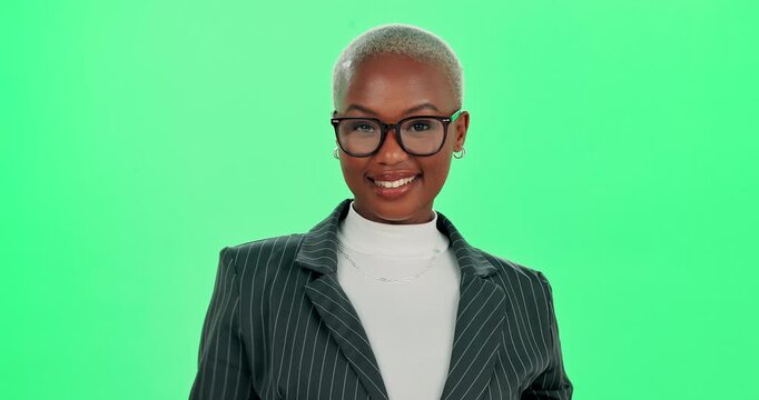 Business, green screen and black woman with wink, glasses and flirty on studio background. African person, happy employee and consultant with eyewear, funny sign and comic with secret, deal and smile