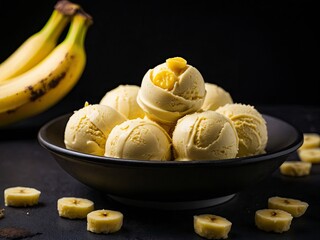 Banana ice cream balls in nice plate on black background: an artistic showcase of culinary finesse.