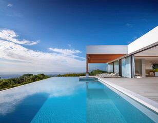 Fototapeta premium Modern house with clear blue swimming pool, view from the terrace