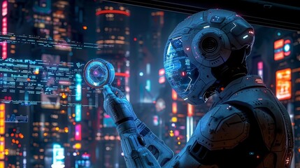Futuristic robot analyzing data in neon-lit cityscape - generative ai