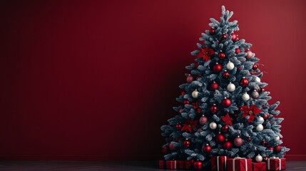 Christmas Tree Decorated With Red and Gold Ornaments on Red Background