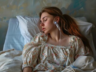 Fototapeta premium Young Girl Receiving Medical Care in Hospital Bed With IV and Monitors at Night