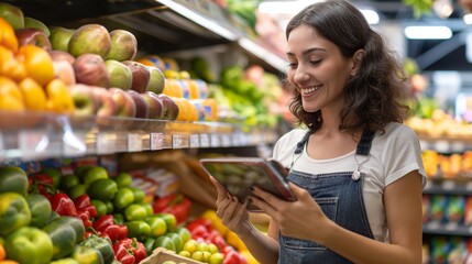  store owner using a digital tablet in her grocery store