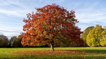 Naklejka premium A lone tree with vibrant red and orange leaves standing in the middle of a quiet park in autumn.