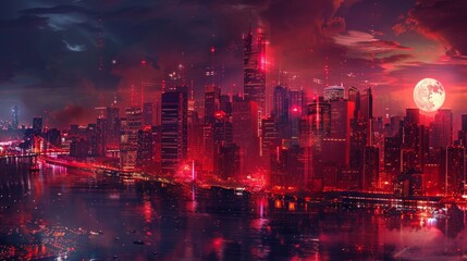 Obraz premium Crimson Metropolis Under Blood Moon, cityscape, digital art, futuristic, moon , city , night