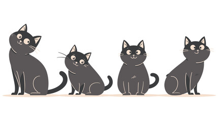 Four black white cartoon cats standing side side, looking viewer, cat has unique pose expression, cartoon style design. Simplistic cute animal graphic, ideal pet themed content
