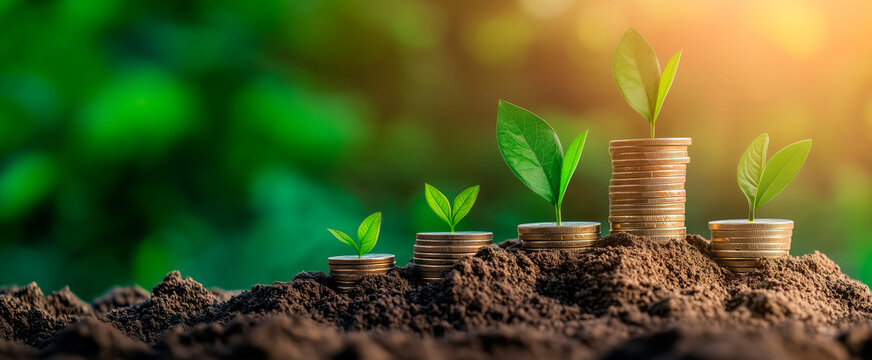 Representation of financial sustainability with increasing emphasis on the development of financial products. Plant growing promoting a balance between profit and positive impact on the environment.
