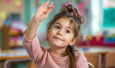 Young boy raising hand in classroom, eager to answer a question. Free copy space for text.