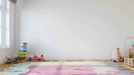 Minimalist White Wall with Colorful Rug and Toys, Interior Design, Children's Room, Playroom, Nursery, Interior Design, Children's Room