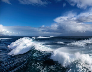 Powerful foamy sea waves rolling and splashing over water surface against cloudy blue sky 
