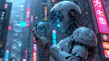 Futuristic robot in cyber city - generative ai