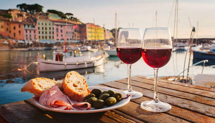italy. a bistro table with two glasses of redwine and some olives and ham and bread 
