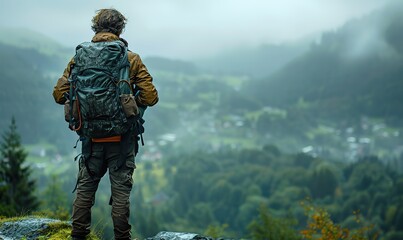 Naklejka premium A hiker embraces his backpack while gazing at the breathtaking landscape.