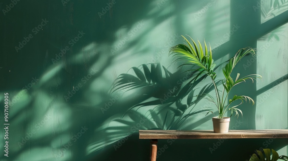 Poster houseplant on shelf by green wall