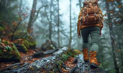 A hiker balances on a tree trunk in the forest, showcasing agility and connection with nature.