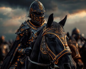 Obraz premium Charging horses with knights in full armor ready for battle, showcasing medieval warfare, Historical, Dark tones, Digital painting