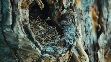Abandoned bird s nest on tree trunk dry and padded