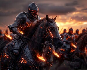 Naklejka premium Charging horses with knights in full armor ready for battle, showcasing medieval warfare, Historical, Dark tones, Digital painting