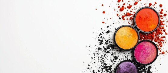 Makeup palette with various colors placed on a white background, creating a vibrant and colorful image ideal for beauty and makeup advertising