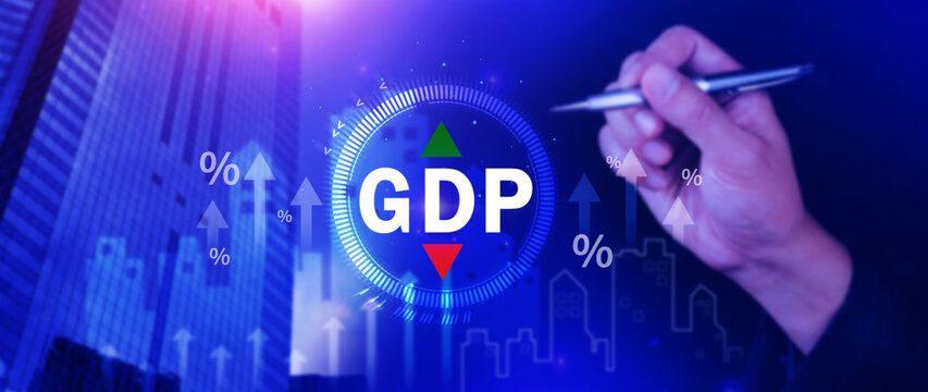 GDP business concept, GDP Gross Domestic Product Gross Domestic Product GDP improvement concept, Arrow and charts, Business growth measure for size of economy compiled for country.