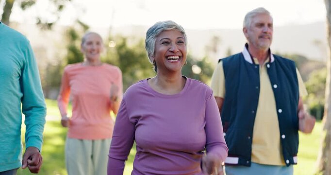 Fitness, senior people and smile in park, retirement and activity with sunshine, support and wellness. Group, outdoor or friends with happiness, recreation and energy with nature, workout or exercise