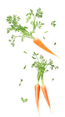 Falling carrots isolated on white background, full depth of field, transparent png background