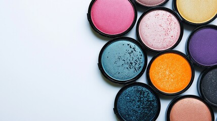 Makeup artist palette is lying open, showing a variety of colorful eyeshadows, ready to be used for a beauty treatment