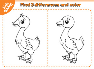 Farm kids game Find 3 differences with cartoon gosling. Spot the differences. Small baby goose. Educational puzzle for preschool and school children. Vector outline illustration of the cute farm bird.
