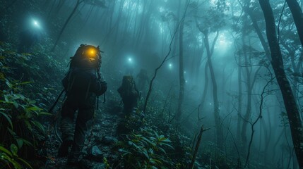 Explorers in foggy forest - generative ai