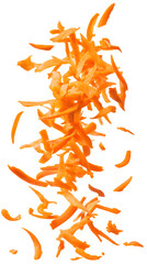 Falling shredded carrots isolated on white background, full depth of field, transparent png background